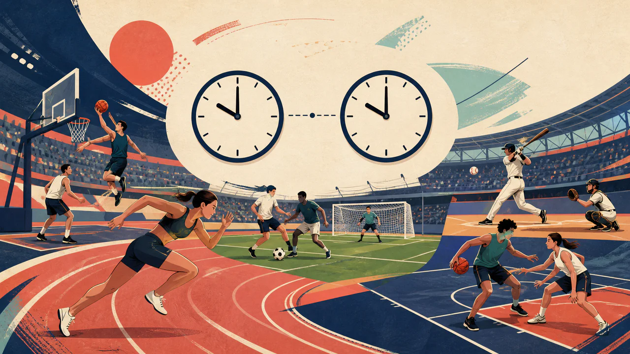 같은 시각을 가리키는 두 시계 아래 육상·농구·축구·야구 경기가 펼쳐진 경기장