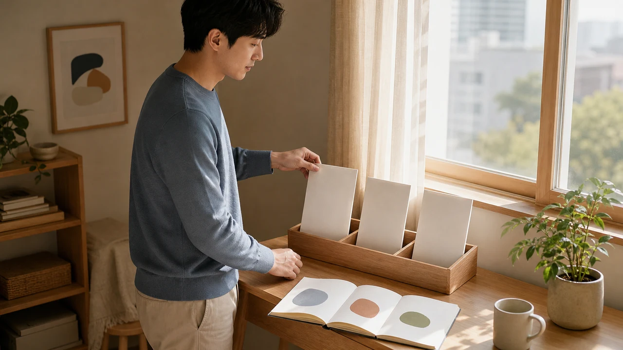 창가의 나무 책상에서 근로자가 세 개의 무지 문서를 나무 정리함에 차례로 넣으며 색 도형 노트를 살피는 장면