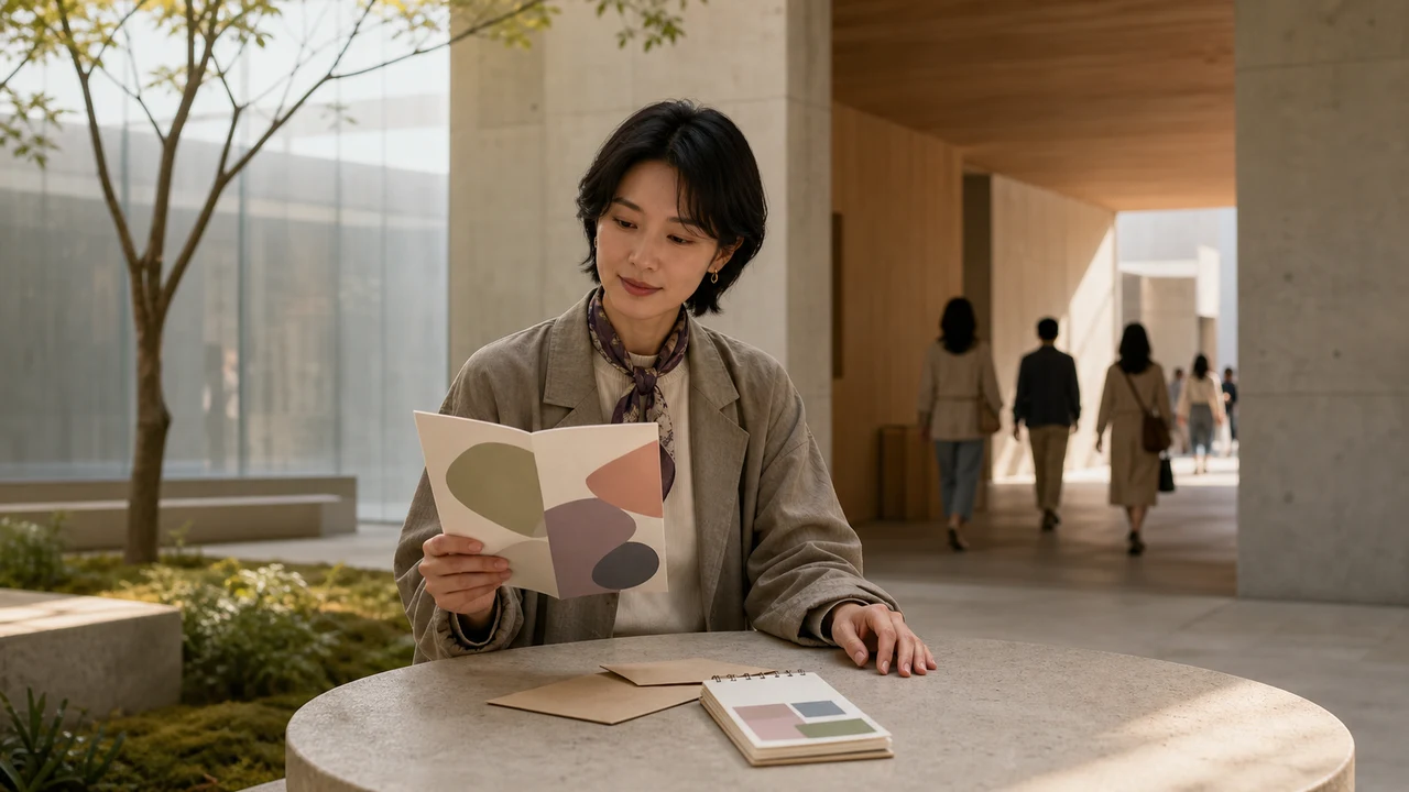 채광이 들어오는 현대 문화공간에서 방문객이 추상 도형 안내지와 무지 증빙 봉투, 색 블록 일정표를 살피는 장면