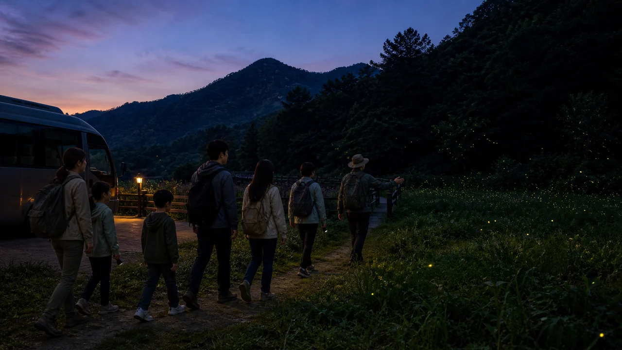 해 질 무렵 산자락 집결지에서 안내자를 따라 어두운 초지 탐사 구역으로 이동하는 가족과 참가자들의 편집 일러스트