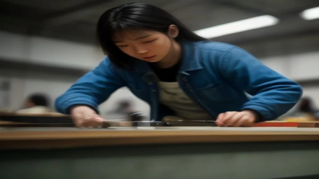 파란 작업복을 입은 참가자가 작업대에서 정밀 작업에 집중하는 반실사 일러스트