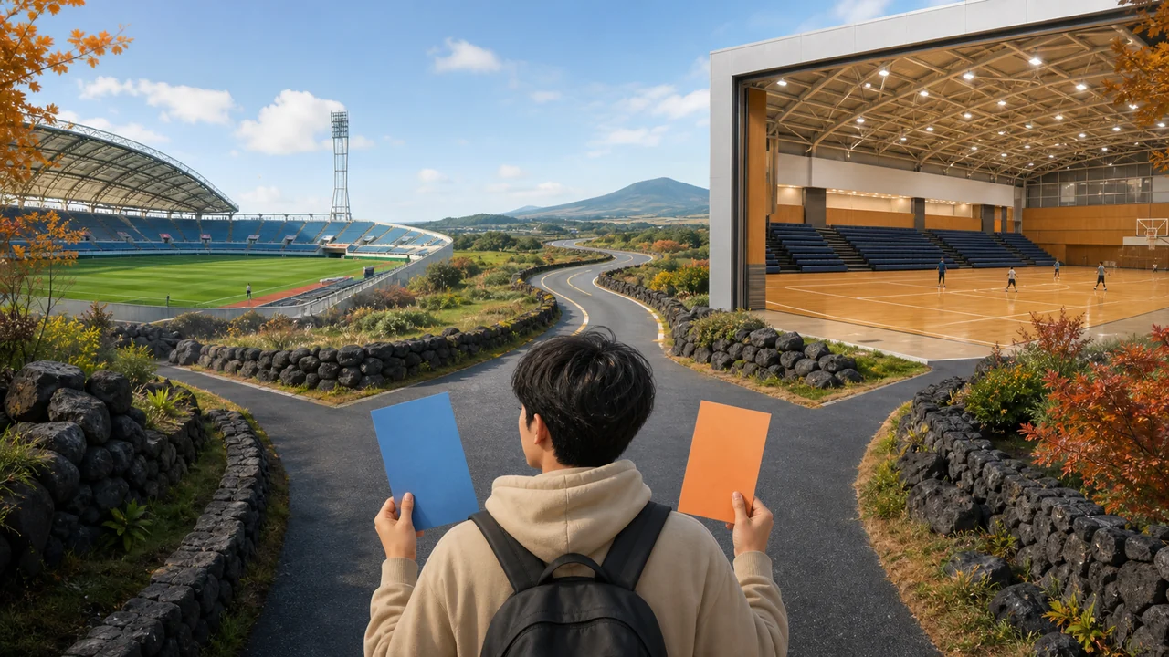 제주 돌담길을 사이에 둔 야외 경기장과 실내 체육관 앞에서 관람객이 두 선택지를 비교하는 편집 일러스트
