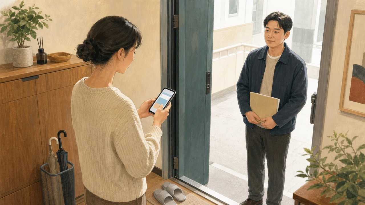 아파트 현관 안에서 휴대전화 참여 상태를 확인하고 문밖의 방문자가 무표기 서류철을 든 채 기다리는 모습