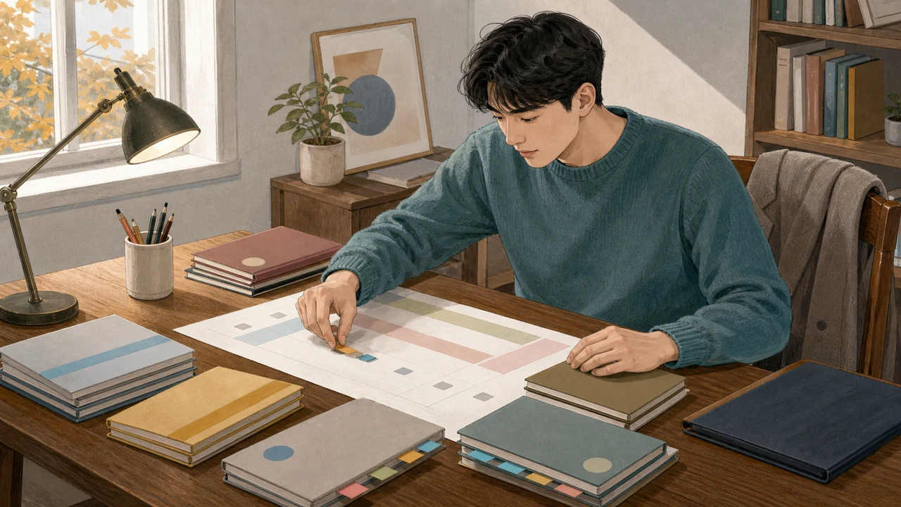 여러 무표기 과목 노트 사이에서 색상 탭을 옮기며 직무별 필기 준비표를 정리하는 지원자와 의자에 걸린 재킷