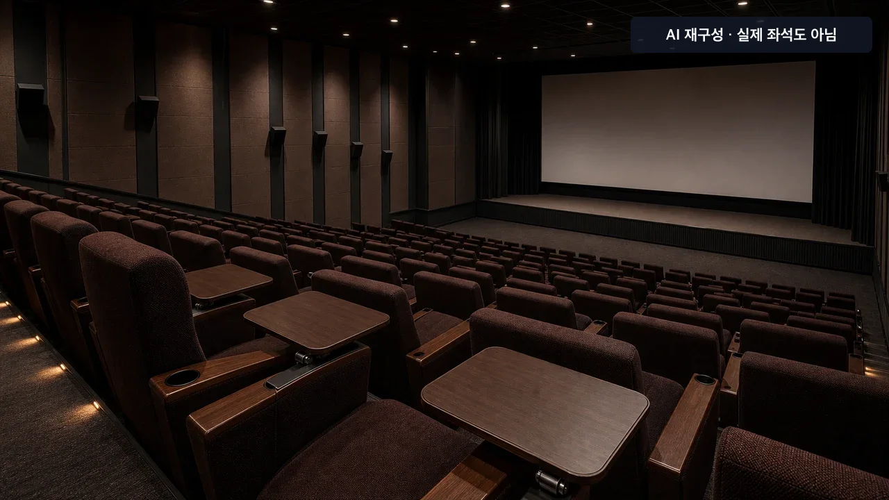 나무 팔걸이 안쪽의 접이식 테이블과 계단식 좌석이 보이는 cineBiz 구조 재구성 이미지