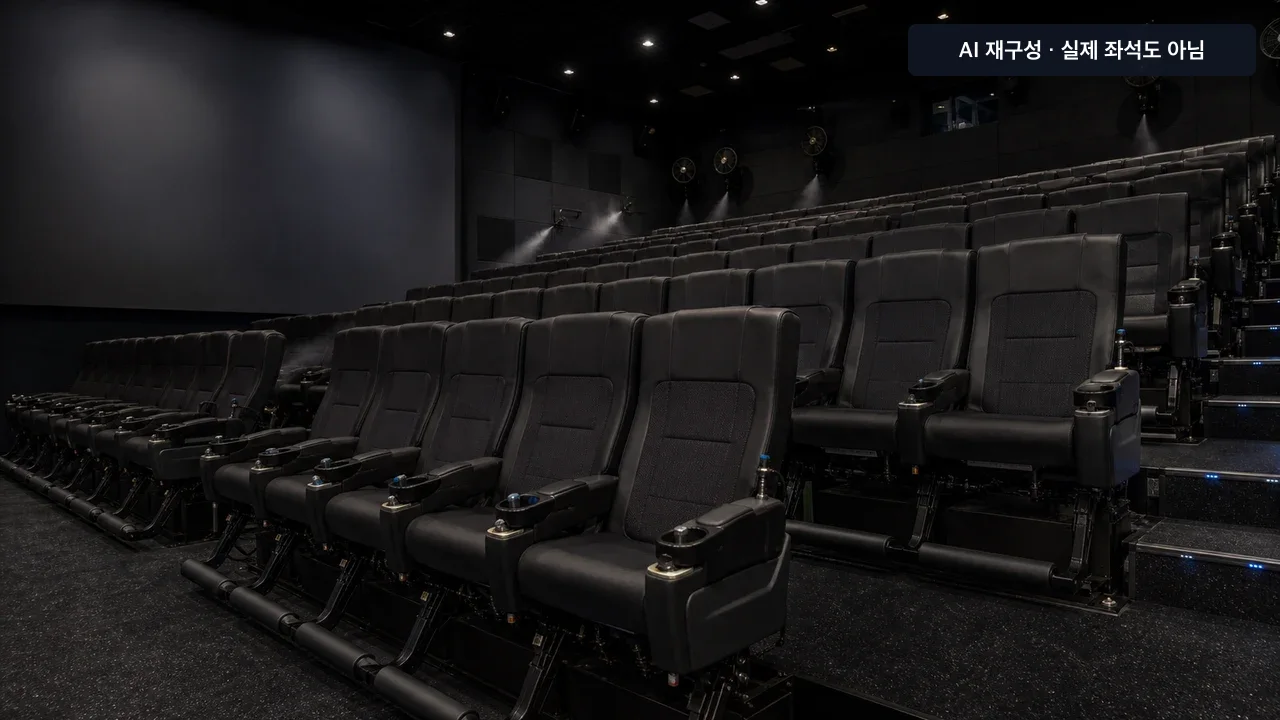 검은 모션 좌석 아래 구동 장치와 벽면 바람 장치가 보이는 SUPER MX4D 구조 재구성 이미지