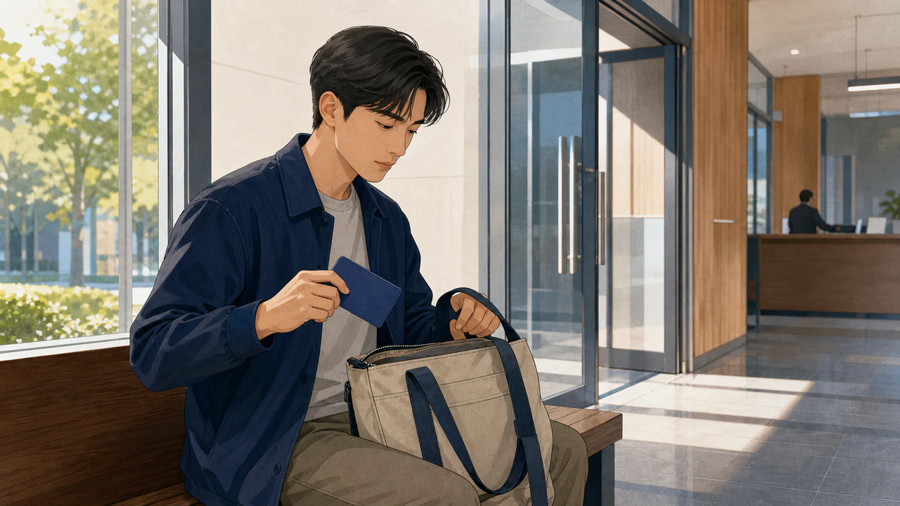 시험장 출입구 앞 벤치에서 응시자가 가방을 정리하고 아무 표식 없는 단색 카드 홀더를 준비하는 장면