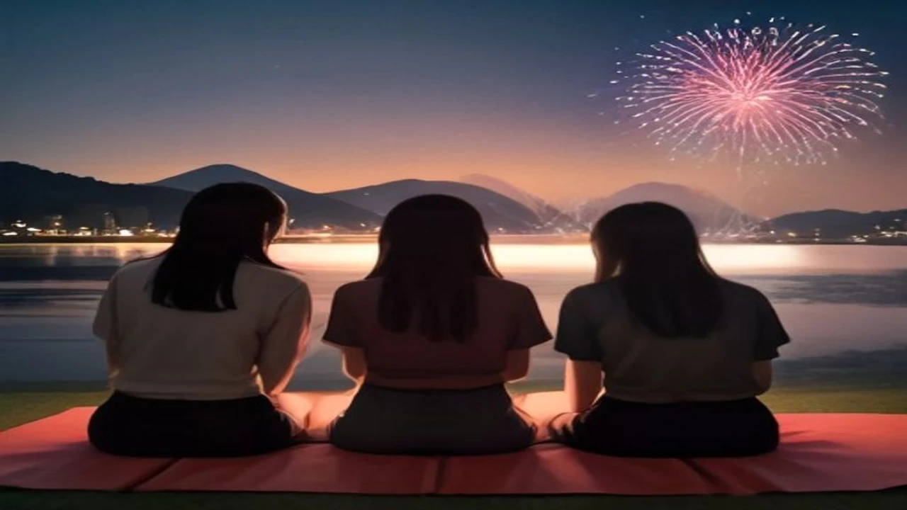 한강변 잔디 위에 앉은 세 관람객이 강 건너 불꽃을 바라보는 반실사 일러스트